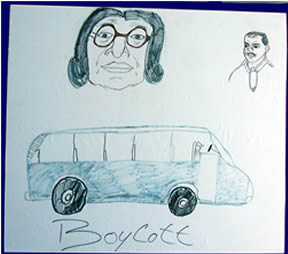 Child's drawing of a bus, Rosa Parks, and Martin Luther King