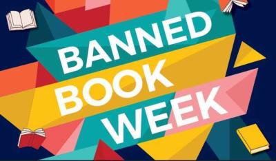 Decorative geometric elements surrounding the words "banned book week"