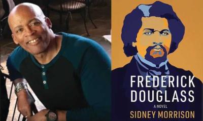 Sidney Morrison next to an image of his book, Frederick Douglass: A Novel.